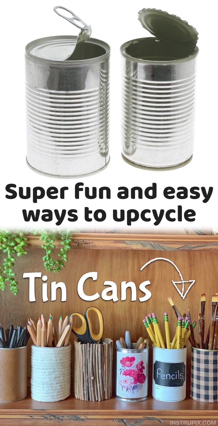 A cheap & fun way to upcycle and repurpose! If you’re looking for fun and easy recycled craft ideas, try adding some personality to simple old TIN CANS! You would never guess that these beautiful and unique containers were made out of soup cans that would normally end up in the trash. These tin can recycled projects can be used for home and office organization, pretty table displays, holiday garland, makeup brush holders, or anything else around the house you want to keep organized.