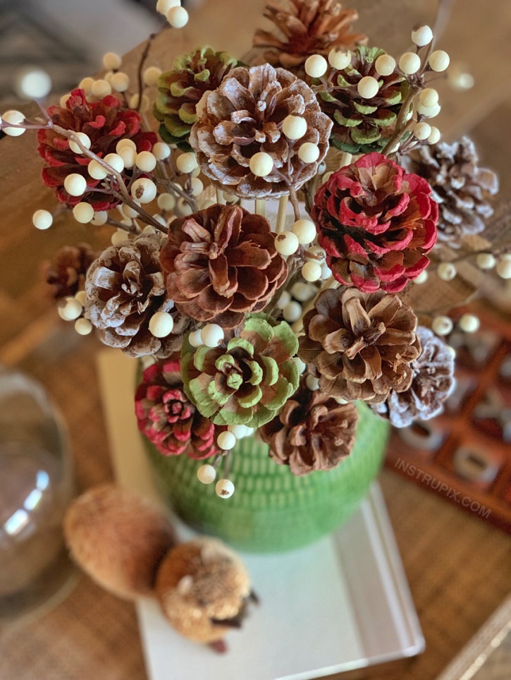 Easy Craft Idea For Adults: DIY Pinecone Flowers With Stems-- a lovely centerpiece idea for the holidays! Fall, Christmas, halloween or any time of the year. A home decor project you can make yourself.