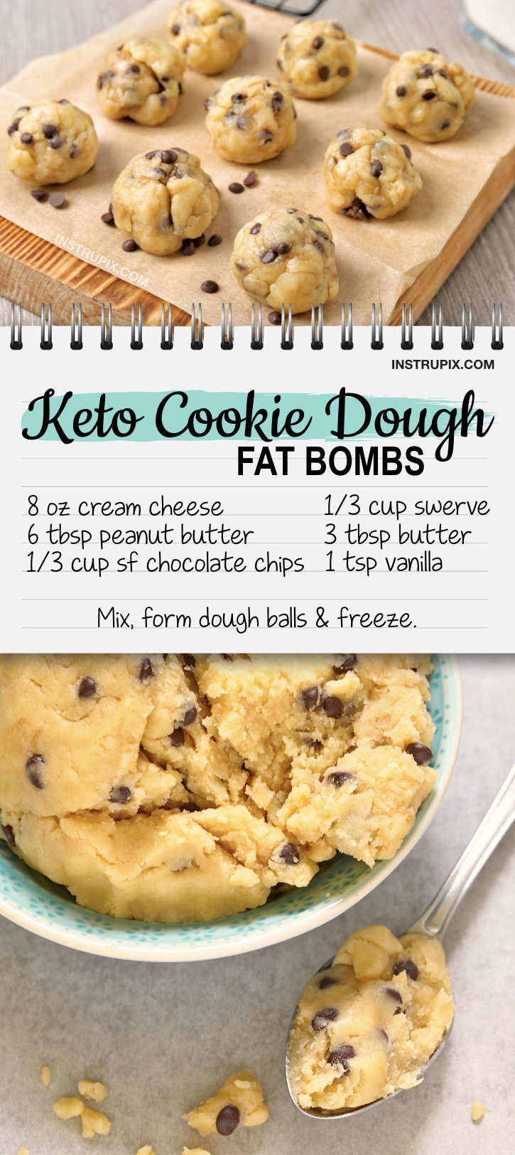 Looking for easy keto fat bom recipes? These quick and easy low carb cookie dough bites are made with cream cheese, peanut butter, swerve, butter, chocolate chips and vanilla. Simple and easy to make! If you like edible cookie dough, you're going to love this easy keto dessert idea. Serious craving crushers! Perfect for a low carb or ketogenic diet. #keto #lowcarb