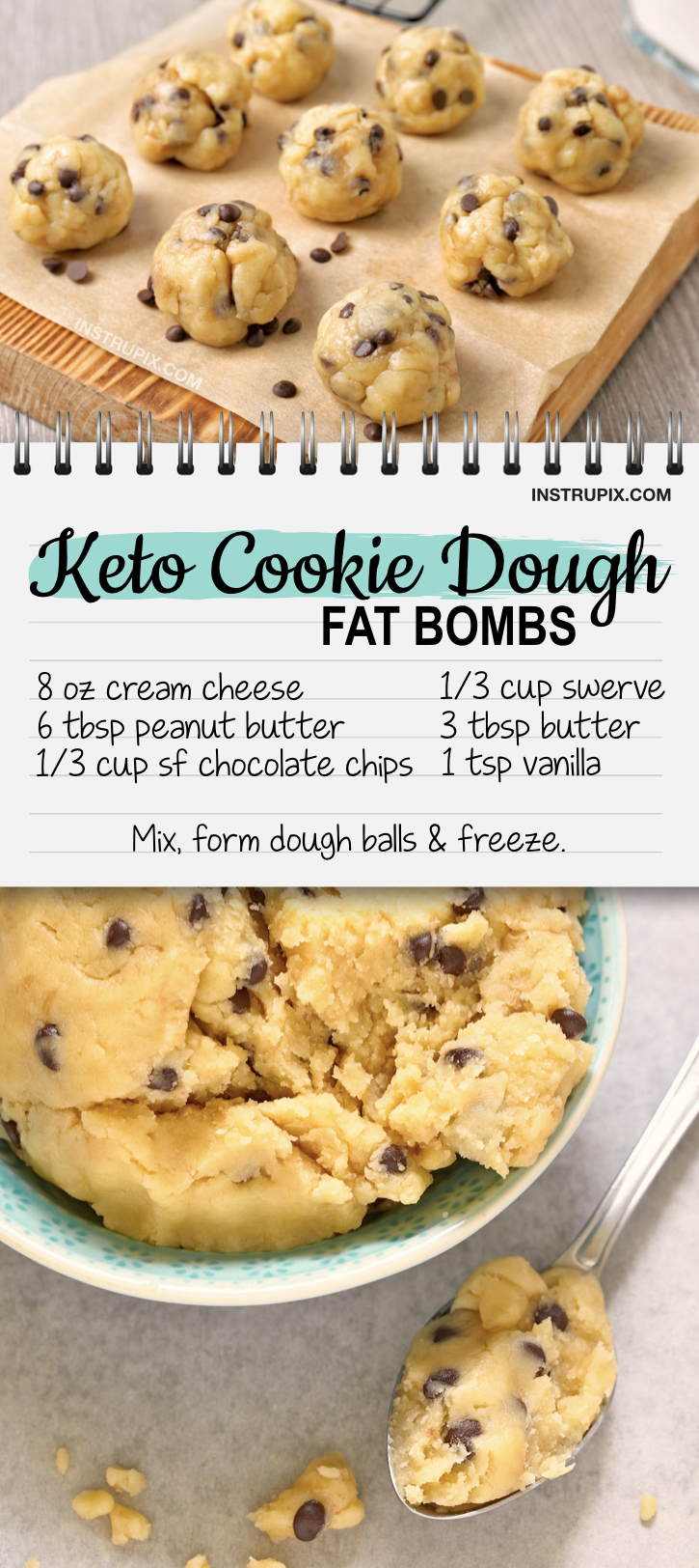 Looking for easy keto fat bom recipes? These quick and easy low carb cookie dough bites are made with cream cheese, peanut butter, swerve, butter, chocolate chips and vanilla. Simple and easy to make! If you like edible cookie dough, you're going to love this easy keto dessert idea. Serious craving crushers! Perfect for a low carb or ketogenic diet. #keto #lowcarb