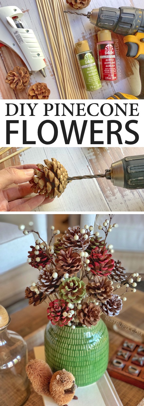 Looking for DIY pinecone crafts to make? Check out how to make these easy painted pinecone flowers with stems! They look beautiful in a vase for fall, Christmas or any occasion. A gorgeous centerpiece idea! This simple tutorial will show you how to easily make them with a drill, hot glue and wooden skewers. | Instrupix.com #instrupix 