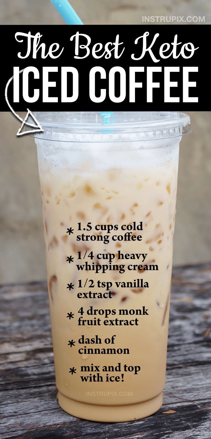 The BEST easy keto iced coffee recipe at home! If you like the Starbucks or dunkin donuts version, you're going to love this easy low carb coffee drink. It's made with simple ingredients: heavy cream, monk fruit extract, vanilla and cinnamon. Make it bulletproof by adding a little mct or coconut oil. The only keto breakfast I need! 