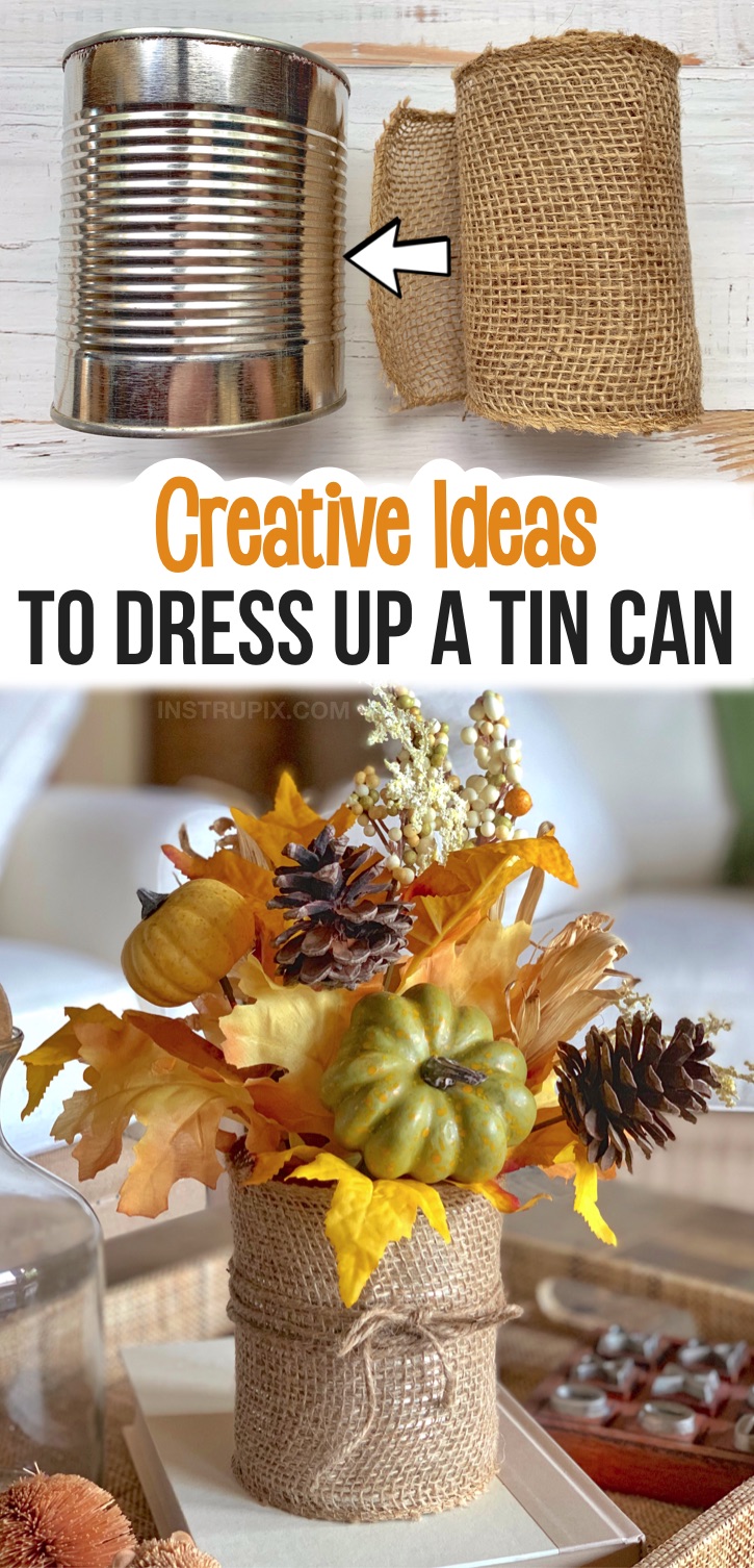 If you're looking for craft projects to make, try dressing up a tin can! There are so many fun and creative ways to make them pretty with things like ribbon, twine, sticks, print outs and more. They make for the perfect organizing containers for a craft room or office, as well as gorgeous holiday displays. This burlap wrapped tin can is perfect for holiday decorating-- Fall, Thanksgiving, Christmas or any holiday. This easy recycling craft is perfect for kids and adults to make! Teenagers, too.