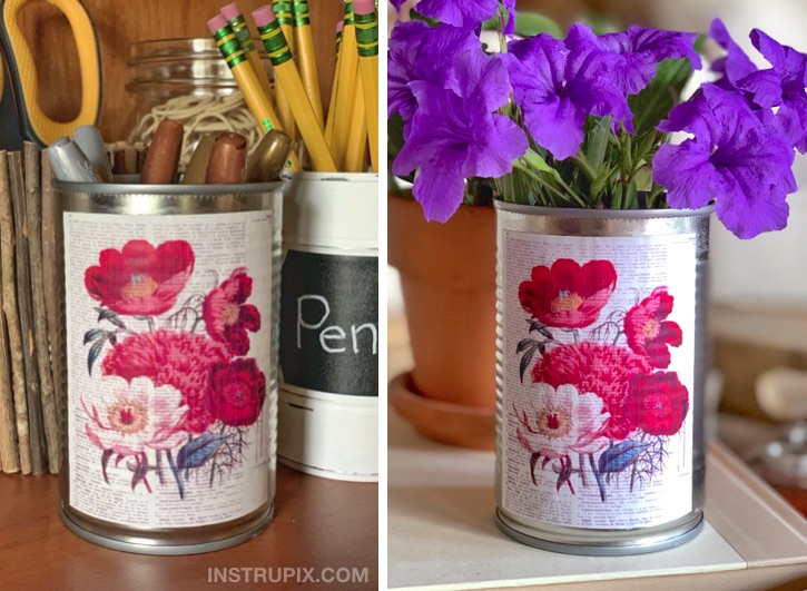 Mod Podge craft idea using tin cans. Cheap and easy project!