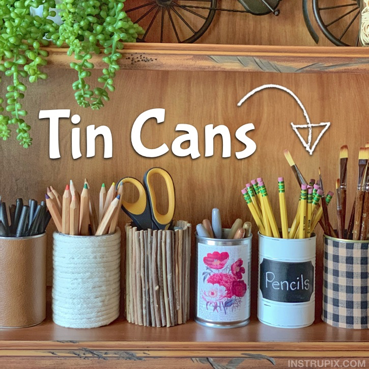 Easy Tin Can Makeover Ideas -- Perfect cheap and easy office organization idea for pencils, pens, craft supplies and more. If you're looking for budget projects, try decorating tin cans with rope, fabric, paint, burlap, ribbon, sticks, rocks and more!