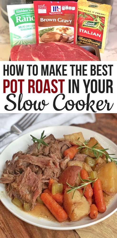 Looking for easy crockpot dinner recipes for the family? This beef pot roast is absolutely incredible and mixed with just 3 ingredients: Ranch seasoning, brown gravy mix and a packet of Italian salad dressing. It's perfect with carrots and potatoes. The entire family (including the picky eaters) will low this simple slow cooker meal idea. It's cheap and perfect for large families and busy weeknights. Calling all busy moms and dads! Some serious comfort food especially on cold winter nights.