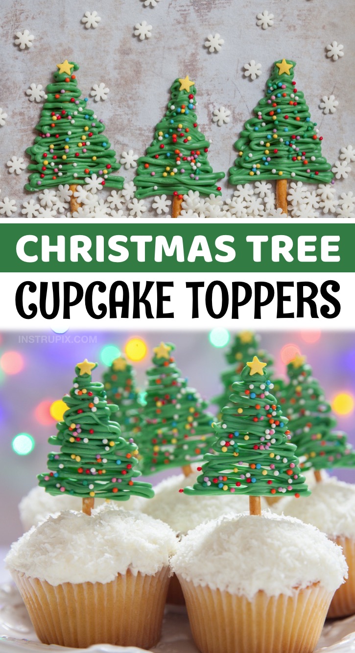 DIY Christmas Tree Cupcake Toppers - These Christmas cupcakes may look impressive, but they are quick and easy to make with just green candy melts, pretzel sticks and sprinkles! Place them in store-bought or homemade vanilla cupcakes. A simple make ahead holiday dessert. These are great for parties or family gatherings, and look so pretty on the dessert table. Use shredded coconut or sugar on the vanilla frosting to make it look like snow. If you're looking for quick and easy Christmas dessert ideas, these are a crowd pleaser.