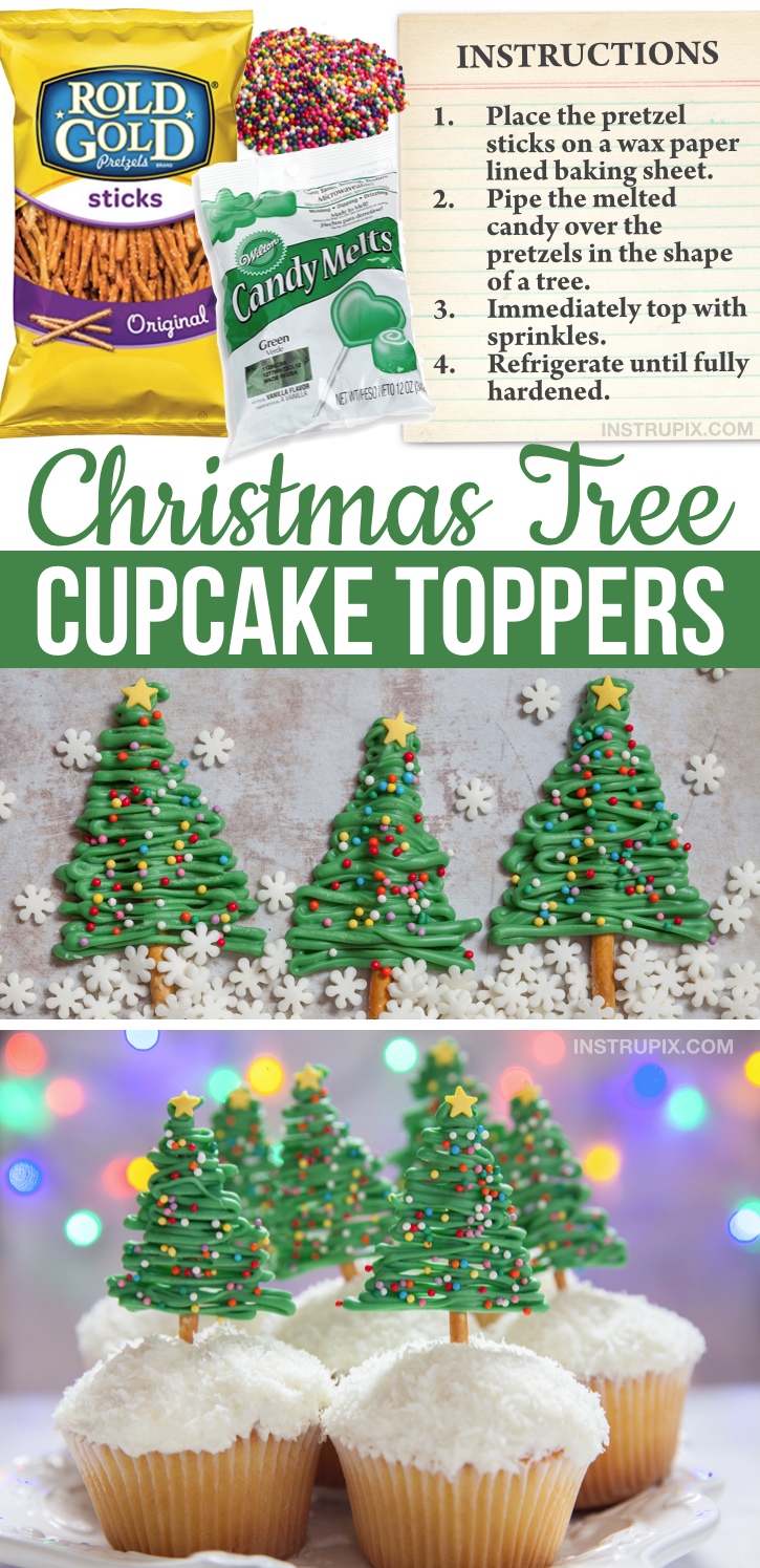 Looking for quick and easy Christmas cupcake ideas? These cute Christmas tree cupcakes are simple to make with just pretzels, candy melts and sprinkles. Great for any party! Kids and adults will LOVE them. A fun Christmas decoration idea for store-bought cupcakes. A lazy dessert idea that is super impressive! Perfect for any holiday xmas party table display. #instrupix #christmascupcakes