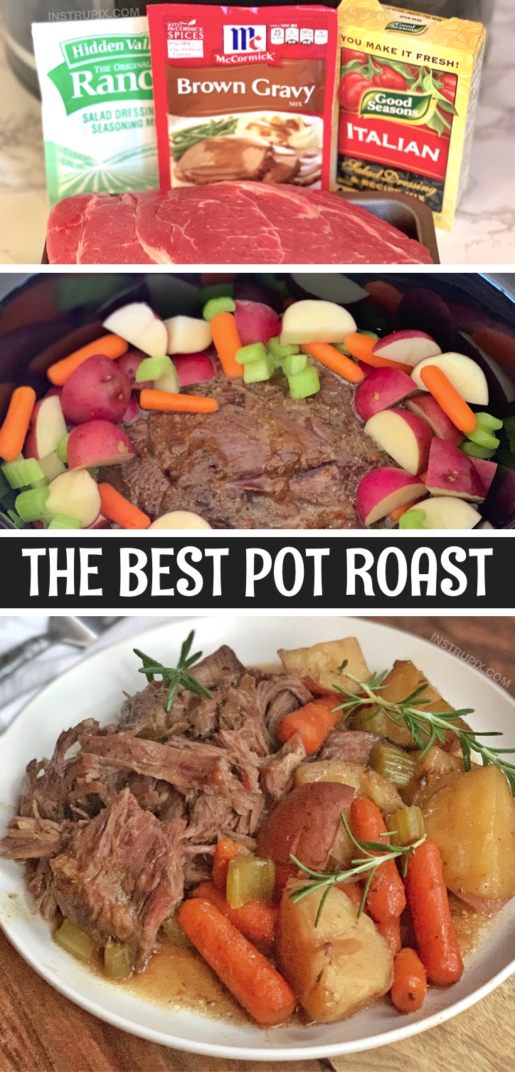 Looking for easy crockpot dinner recipes for the family? This simple pot roast is made with a rump roast, ranch seasoning, Italian seasoning and brown gravy mix. It's always a hit! Add in the veggies of your choice like potatoes carrots and celery. This beef slow cooker meal is great for busy weeknight meals. Break out your crockpot and lets get started! #crockpot #slowcooker #instrupix