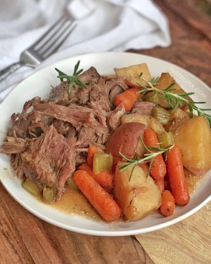 Easy Slow Cooker Pot Roast Recipe with Potatoes, Carrots and Celery. 