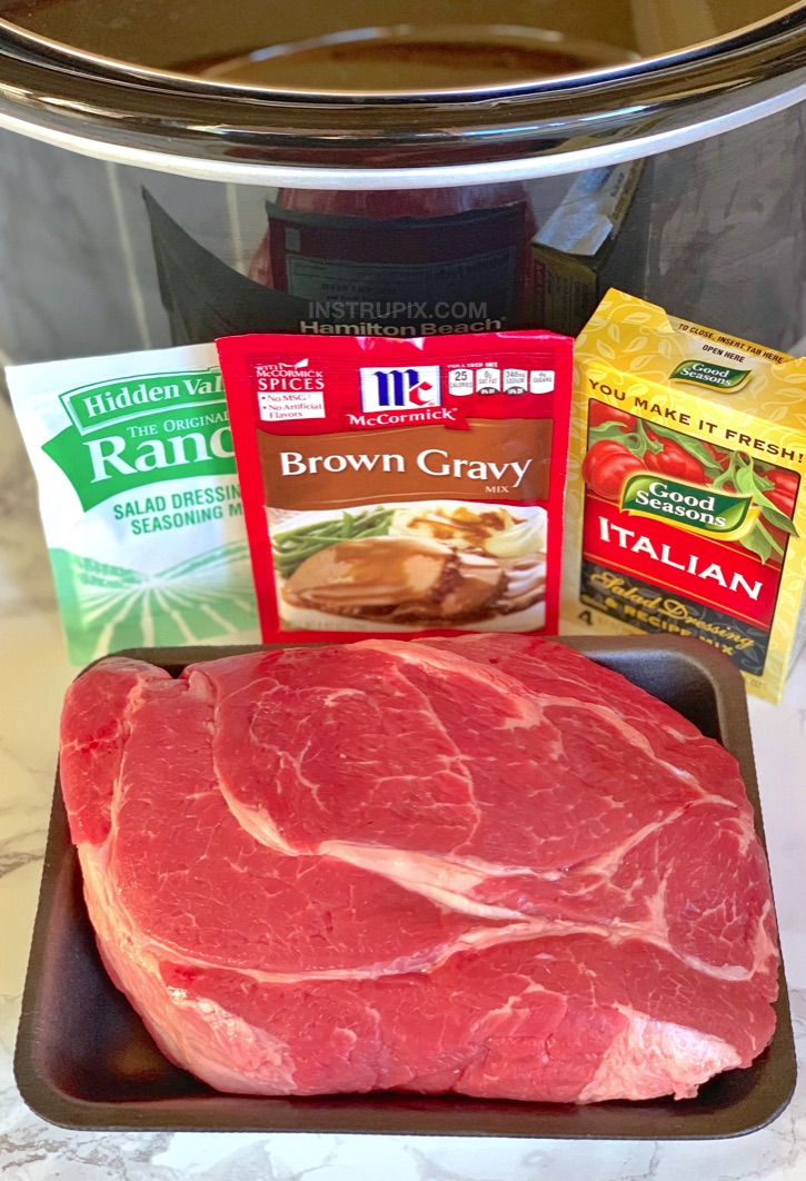 Easy Crockpot Pot Roast Recipe made with brown gravy mix, ranch seasoning mix and dry Italian dressing. 