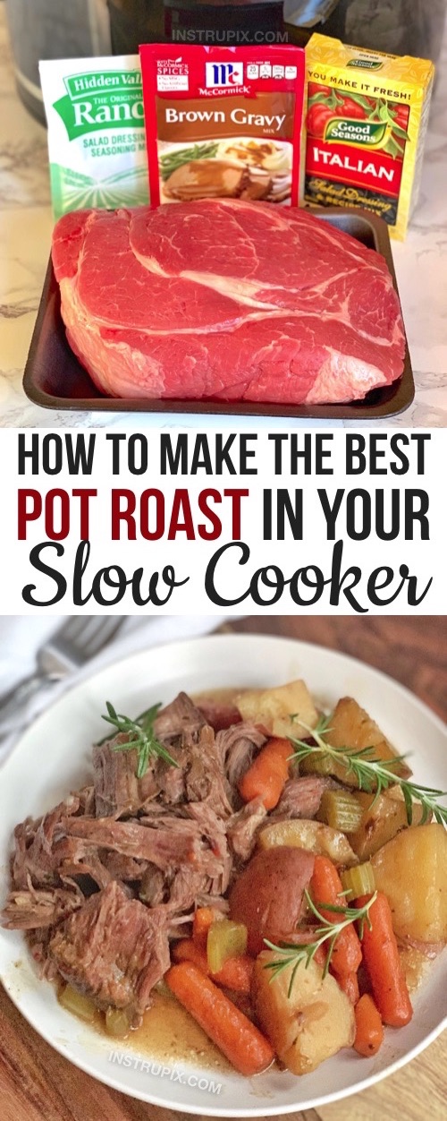 Looking for easy crockpot dinner recipes for the family? This simple slow cooker pot roast with vegetables is THE BEST! It's super easy to make with just 4 ingredients (plus the veggies of your choice). Made with gravy mix, ranch seasoning mix and dry Italian dressing, plus potatoes, carrots and celery. My favorite beef recipe for dinner!