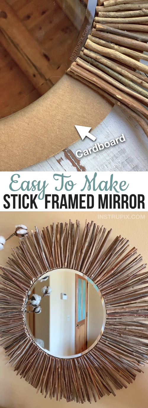 Cheap & Easy DIY Home Decor Idea -- Rustic Stick Framed Round Mirror Tutorial. A creative and easy craft project for adults to make! Budget friendly craft with just cardboard, sticks and glue.