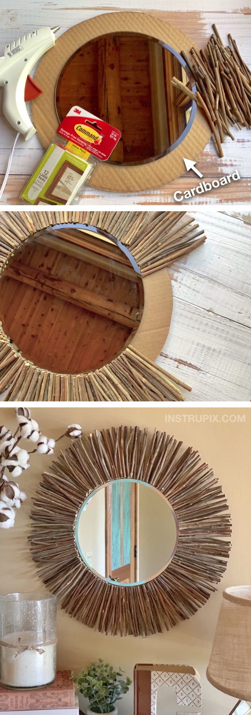 DIY Home Decor Idea For Cheap: How to frame a mirror with sticks! This DIY round mirror decor idea is great for an entryway, living room, bedroom or anywhere in the house. A creative and easy project to try for adults!