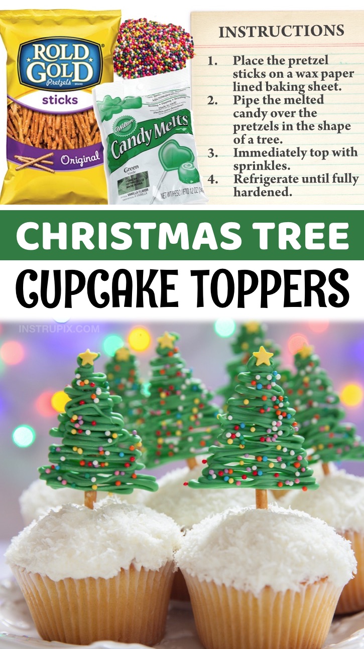 DIY Christmas Tree Cupcake Toppers - A super cute and easy Christmas dessert idea! Impress your guests with these fun and easy Christmas tree cupcake toppers made with just pretzel sticks, green candy melts and assorted sprinkles. Are you looking for quick and easy make ahead Christmas dessert ideas? These gorgeous cupcakes may look impressive but they’re actually incredibly easy to make. In fact, you can buy the cupcakes at just about any grocery store, and then top the frosting with either shredded coconut or white sprinkles.