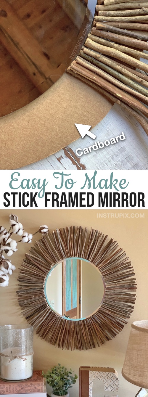 Craft Idea For The Home: DIY Stick Framed Mirror -- Creative and easy DIY home decor idea! Great for an entryway table, living room or bedroom! This simple project for adults is cheap and easy to make with just cardboard, glue and sticks.