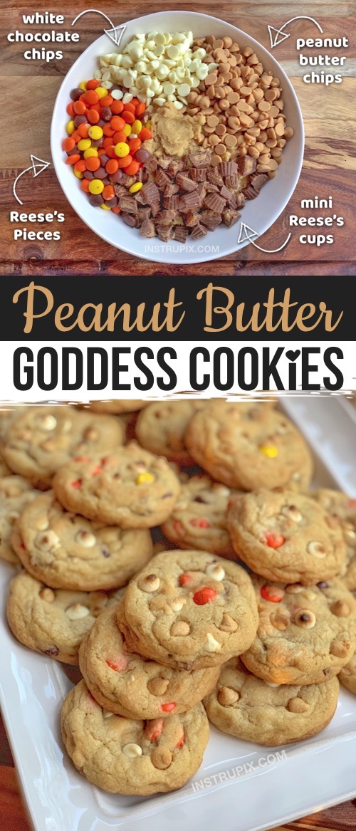 Looking for unique cookie recipes? These peanut butter goddess cookies are super soft, chewy and absolutely divine. My favorite of all time! They're made with white chocolate chips, peanut butter chips and Reese's candy. The BEST quick and easy tasty cookies to make from scratch! They're perfect for Halloween and Thanksgiving, or even a holiday cookie exchange. 