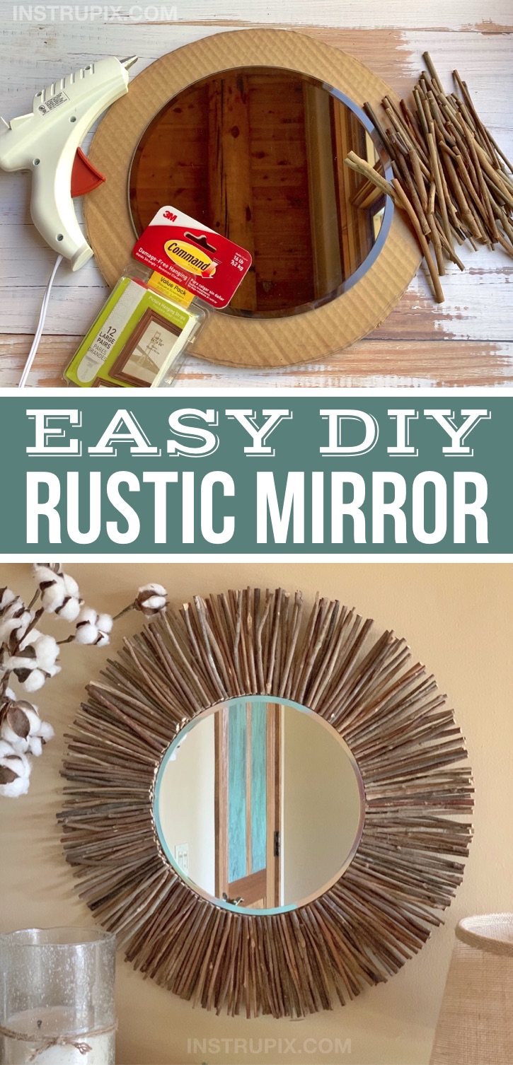 Looking for DIY home decor ideas on a budget? This quick and easy craft project is super fun to make with just a handful of cheap supplies. Great as wall art or resting on a living room entry table, over the fireplace or bedroom dresser. A fabulous homemade rustic home decor idea for any style of home! DIY Round Rustic Mirror -- made with sticks, cardboard, glue and a store-bought unframed round mirror. No skills or tools required! A creative DIY wall decoration anyone can make. #diy #homedecor