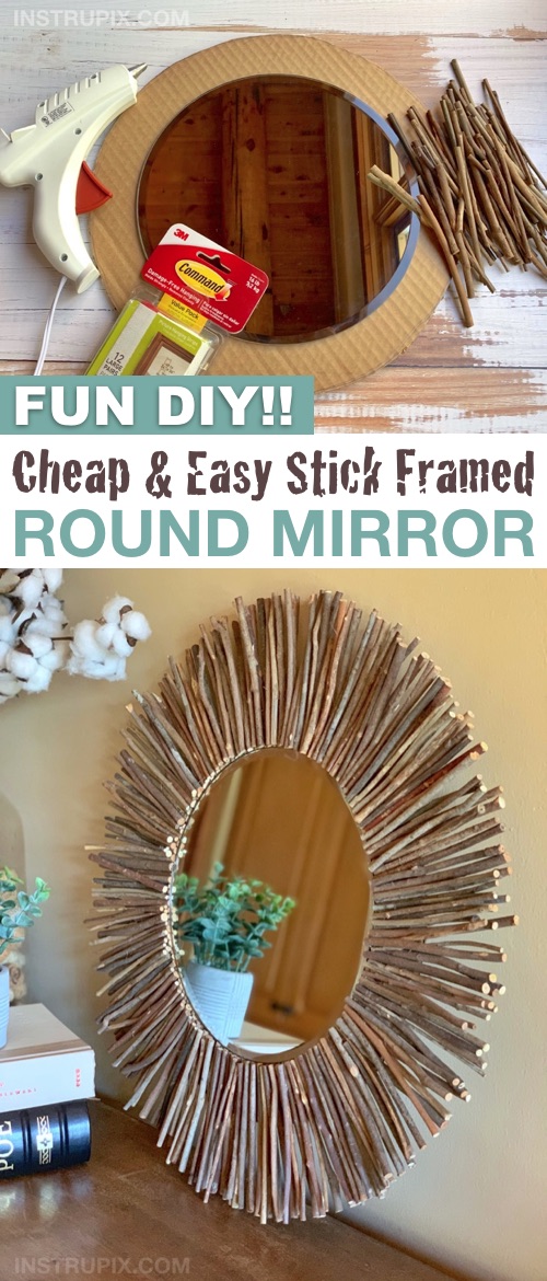 Looking for easy and cheap DIY home decor ideas? This stick framed round mirror doesn't get any more budge friendly and beautiful! You're just going to use cardboard, hot glue and sticks. A simple rustic yet modern home decor idea for your bedroom, bathroom, living room, entryway or apartment. The perfect wall decor for any room of the house. Great for a gallery wall combined with framed family pictures! If you're looking for easy craft and project ideas, this is the best simple decor for your walls. 