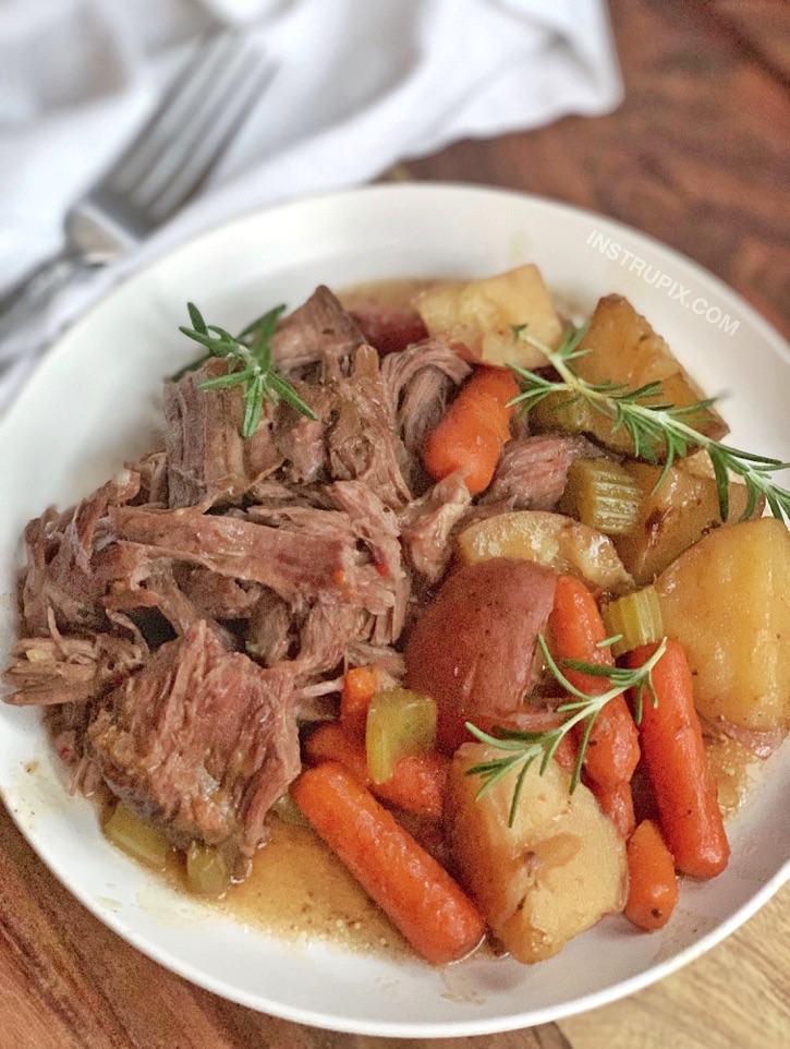 Simple Slow Cooker Pot Roast Recipe With Vegetables (potatoes, carrots and celery).