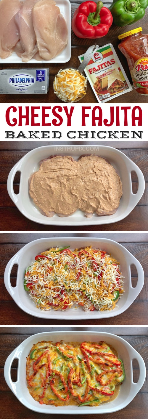 Low Carb Cheesy Fajita Baked Chicken Recipe -- A quick and easy dinner recipe for the family! It's cheap, simple, healthy and family friendly. Made with cream cheese, salsa and fajita seasoning. Yum! #instrupix