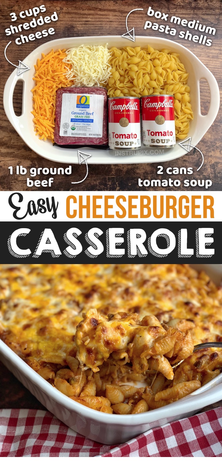 Looking for quick and easy dinner recipes for your picky eaters? This simple casserole dish is made with just 4 cheap ingredients: ground beef, cheese, tomato soup and pasta. The entire family (including the kids) will love this weeknight dish! It's perfect for busy moms and dads and budget friendly. It makes enough for a large family or is great leftover. The perfect dinner recipe for toddlers, teens and hungry husbands. A great beginner recipes for anyone who doesn't like to cook. #casseroles