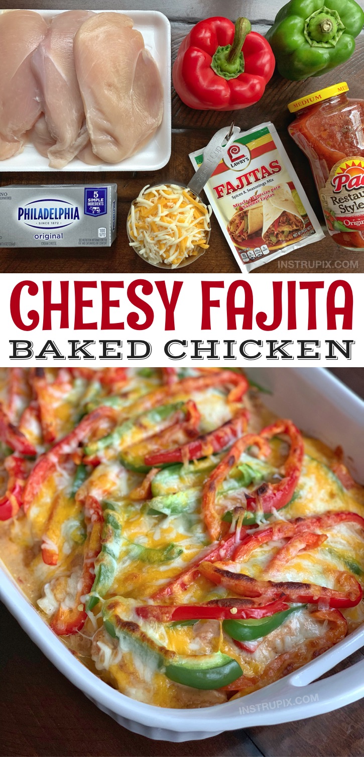 Busy Weeknight Dinner Recipe For Families: Cheesy Fajita Baked Chicken made with simple and cheap ingredients: chicken breasts, cream cheese, salsa, fajita seasoning, bell peppers and cheese. So quick and easy to make in just one pan! It's also healthy, low carb and keto friendly. #instrupix