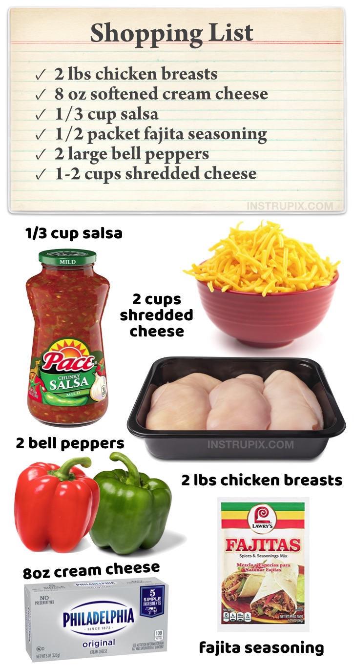 Cheesy Fajita Baked Chicken | A quick, easy and low carb dinner recipe! This simple weeknight meal is perfect for busy nights when you don't feel like cooking. Plus it healthy and keto friendly. My entire family loves it! Just a few ingredients including cream cheese, fajita seasoning, bell peppers and shredded cheese to make these amazing oven baked chicken breasts. | Instrupix