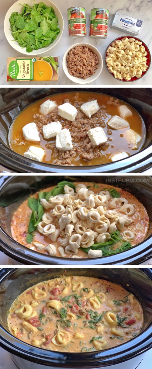 Slow Cooker Tortellini & Sausage Soup: Simple, easy, creamy and delish! This easy crockpot dinner idea is perfect for large families. Even the kids love it! #instrupix #slowcooker #crockpot 