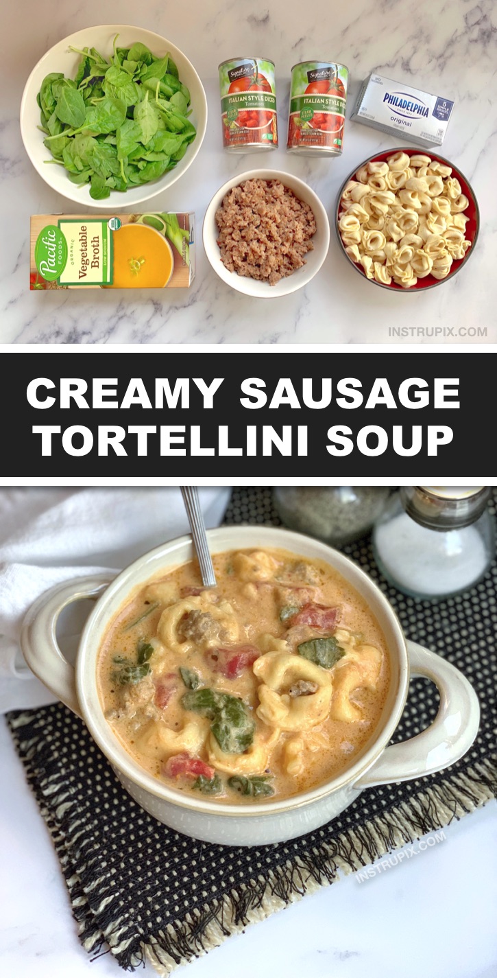 Crockpot Sausage and Tortellini Soup Recipe - Looking for easy family meals on a budget? This simple crockpot dinner recipe is made with just 6 simple ingredients and is kid friendly-- even for your picky eaters! Throw it in your slow cooker for busy weeknights and watch your family devour it. It's loaded with healthy spinach and tomatoes, but the combination of the sausage, cream cheese and tortellini tastes like heaven. The perfect cheap and easy slow cooker dinner recipe for busy moms and dads. Great leftover, too! #crockpot #easydinner