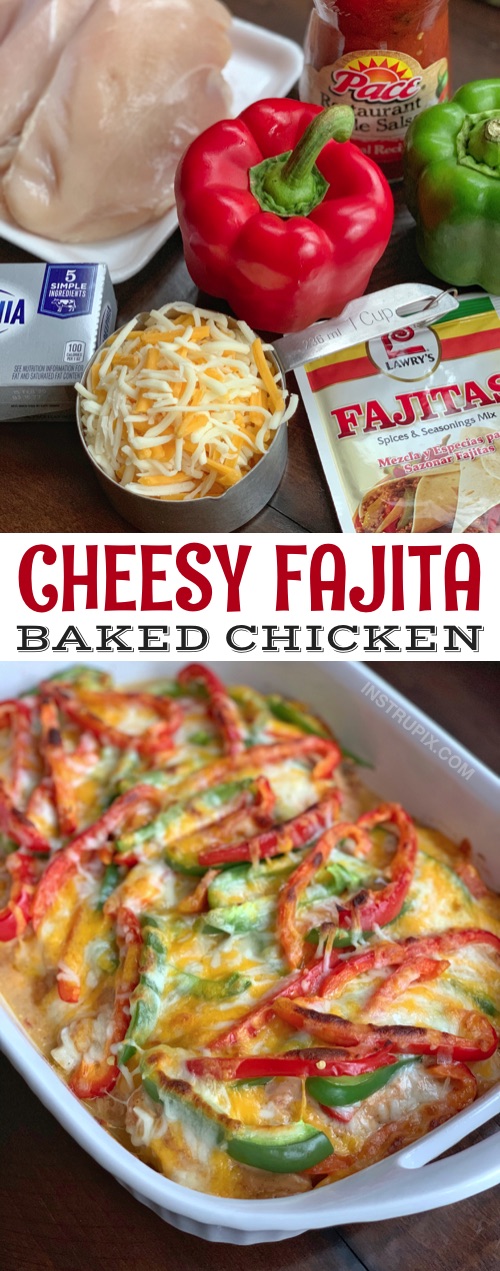 Looking for low carb baked chicken recipes the entire family will love? This cheesy fajita oven baked chicken is made in just one pan! It's simple, healthy, keto friendly and even kid approved. #instrupix