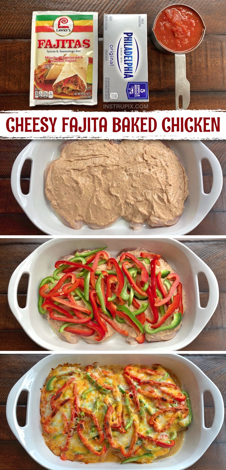 Looking for easy low carb baked chicken breast recipes for dinner? This keto oven baked chicken dinner is made with simple and cheap ingredients: boneless chicken breasts, cream cheese, salsa, fajita seasoning, bell peppers and cheese! It's healthy, low carb, quick and cheap to make for dinner. It's the perfect keto dinner idea for busy weeknight meals, too. You can serve it with rice for the family or those not following a ketogenic diet. A super easy keto meal for beginners. #lowcarb #chicken