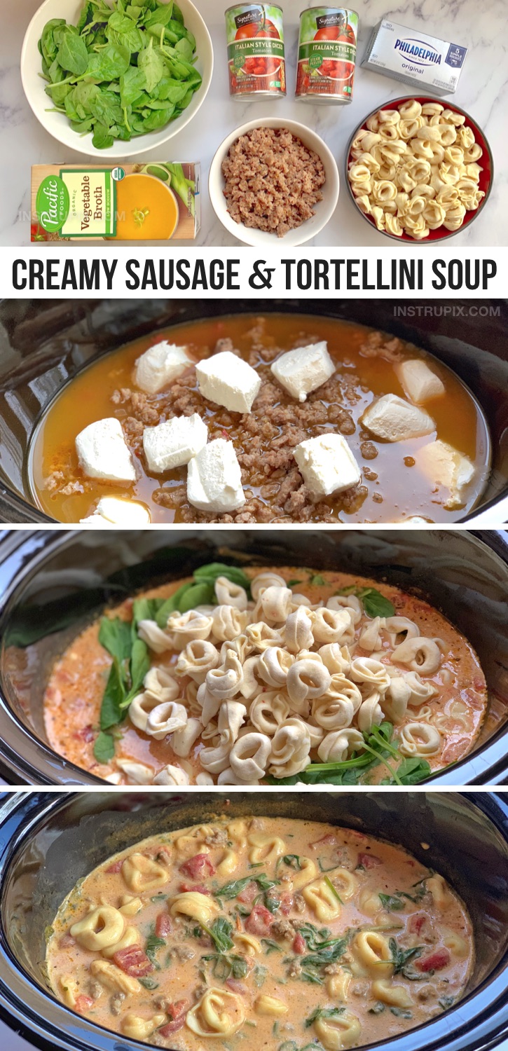 Slow cooker recipe idea: Creamy Tortellini & Sausage Soup made with just 6 simple and cheap ingredients! If you're looking for easy crockpot dinner recipes for families, this easy slow cooker soup recipe is always a hit-- even for picky eaters! It's so simple to make for busy weeknight meals. #instrupix