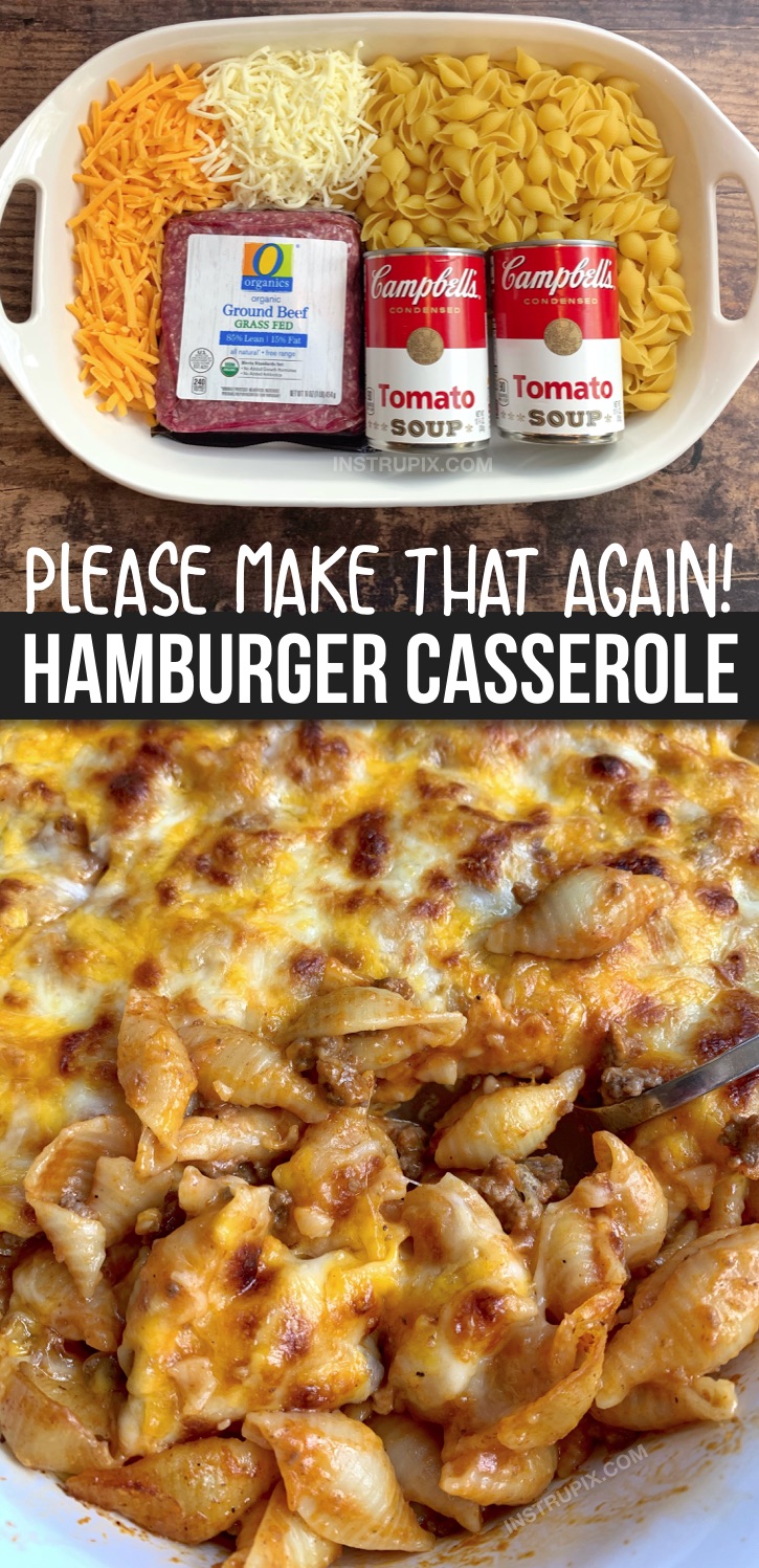 ¿Buscas platos principales fáciles y rápidos para tus comedores más exigentes? Esta receta de cazuela de hamburguesas está hecha con ingredientes sencillos y baratos que le encantarán a tu familia (incluidos los niños): carne picada, sopa de tomate, pasta y queso. Sírvela con una ensalada de acompañamiento o con verduras para que sea saludable. ¿Planificando el menú? Esta comida fácil con carne picada es perfecta para las noches de semana más ocupadas, especialmente cuando tienes un presupuesto limitado. Es ideal para una familia de 4 a 6 personas. ¡A todos, desde los niños pequeños hasta los adolescentes, les encantará! #instrupix #cena're on a budget. Great for a family of 4-6 people. Everyone from toddlers to teens will love it! #instrupix #dinner