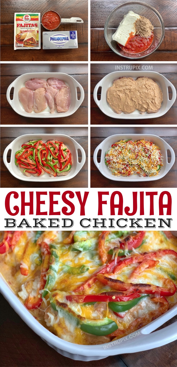 Looking for quick and easy chicken dinner recipes? This one pan oven baked cheesy fajita baked chicken is a fabulous family meal! It's healthy, low carb, keto friendly, cheap and still great for picky eaters! #instrupix