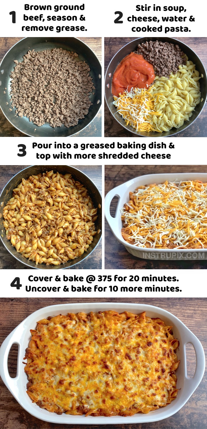 Seriously, the best ground beef dinner recipe for your picky kids! This simple weeknight meal is a life saver, and it's so quick and easy to make with just a few cheap ingredients: ground beef, tomato soup, pasta shells and lots of cheese. My entire family just gobbles it up. If you're looking for easy dinner recipes for your picky eaters, try this hamburger casserole! It's one of my most popular and best reviewed recipes. Perfect for busy moms and dads on a budget!