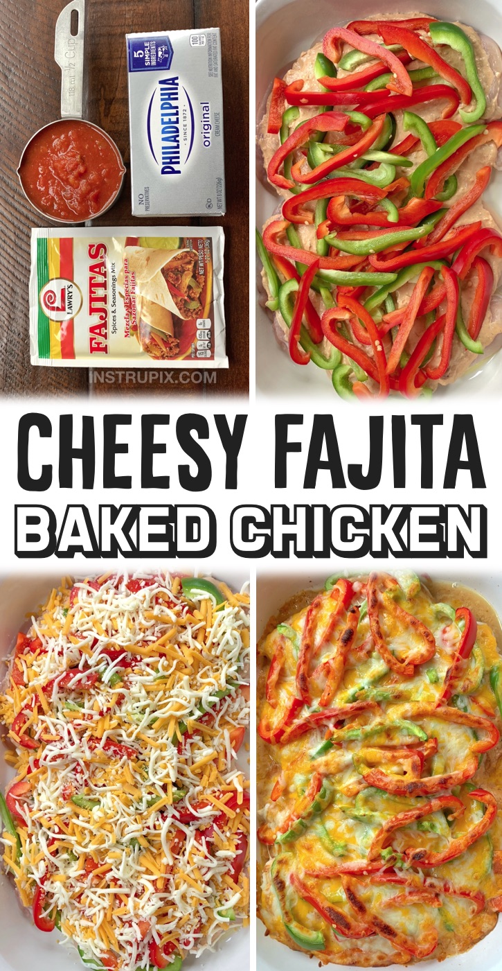 Looking for quick and easy chicken dinner recipes for your family? This is the BEST way to bake chicken breasts in your oven! Simply top them with a fajita seasoned cream cheese mixture, bell peppers and shredded cheese. Bake and enjoy alone or with rice, tortillas or anything else you'd like. This is such a simple meal that is perfect for busy weeknights. Plus it's low carb and pretty healthy! My entire family loves it, even my picky husband. Creamy Oven Baked Chicken Fajitas Recipe