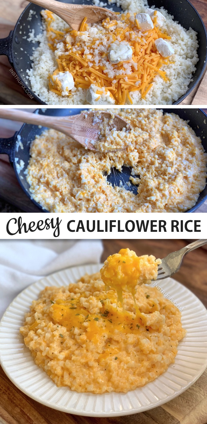 This healthy cheesy cauliflower rice is the perfect side dish for dinner! Serve it with chicken, steak, beef, pork, fish or anything else you'd like. Add it to your meal plan! It's so simple, quick, cheap and easy to make. Even my kids love this low carb veggie recipe. It's like eating mac n' cheese! Perfect for anyone on a ketogenic diet or just looking for healthy side dish recipes for dinner or lunch. #instrupix #keto #lowcarb 