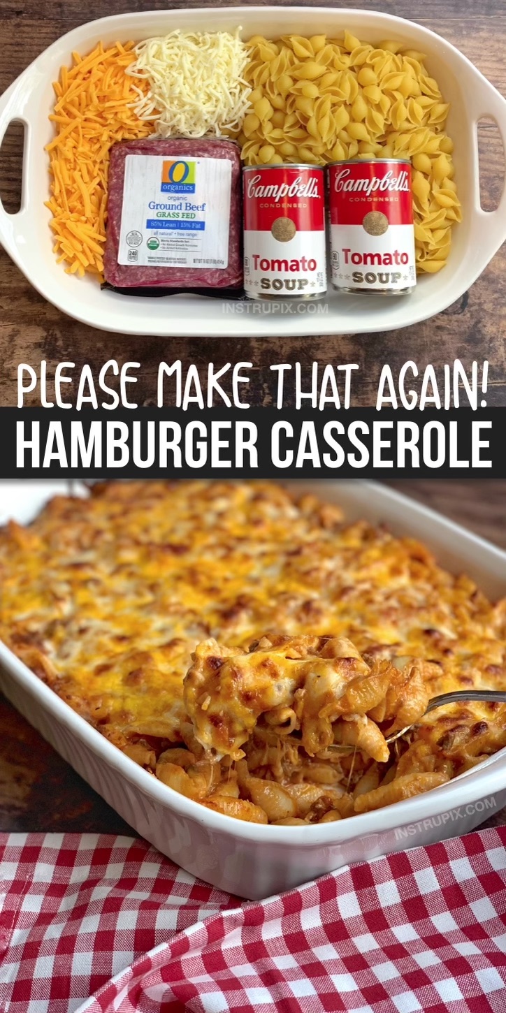 Looking for quick and easy dinner recipes for a family with kids? This simple weeknight meal is made with just 4 ingredients: ground beef, pasta shells, tomato soup and cheese. It's cheap, delicious and perfect for busy moms and dads. The entire family will love this easy budge friendly hamburger casserole recipe! It makes a large portion and is very filling. If you're looking for easy dinner ideas, this main dish will soon be a family favorite. I love casserole recipes for dinner! #instrupix