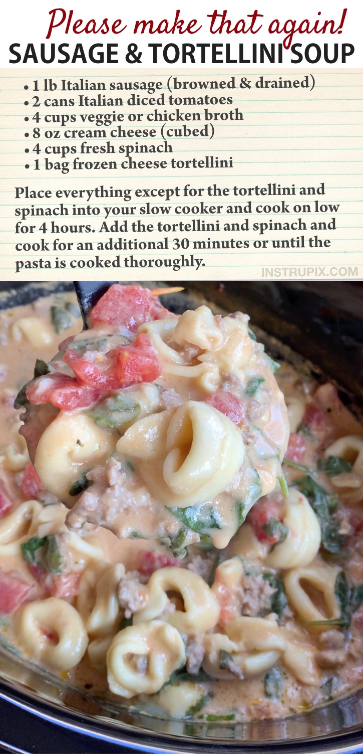 Looking for easy crockpot dinner recipes for the family? This slow cooker creamy tortellini and sausage soup is always a hit! It's made with cheap and simple ingredients that even your picky eaters will love: tortellini, sausage, tomatoes, cream cheese, veggie or chicken broth and spinach. The best comfort food for winter. If you're on a hunt for easy crockpot meals, this will be your new favorite simple dinner recipe that even the kids will devour. Perfect for busy weeknights. #instrupix #slowcooker