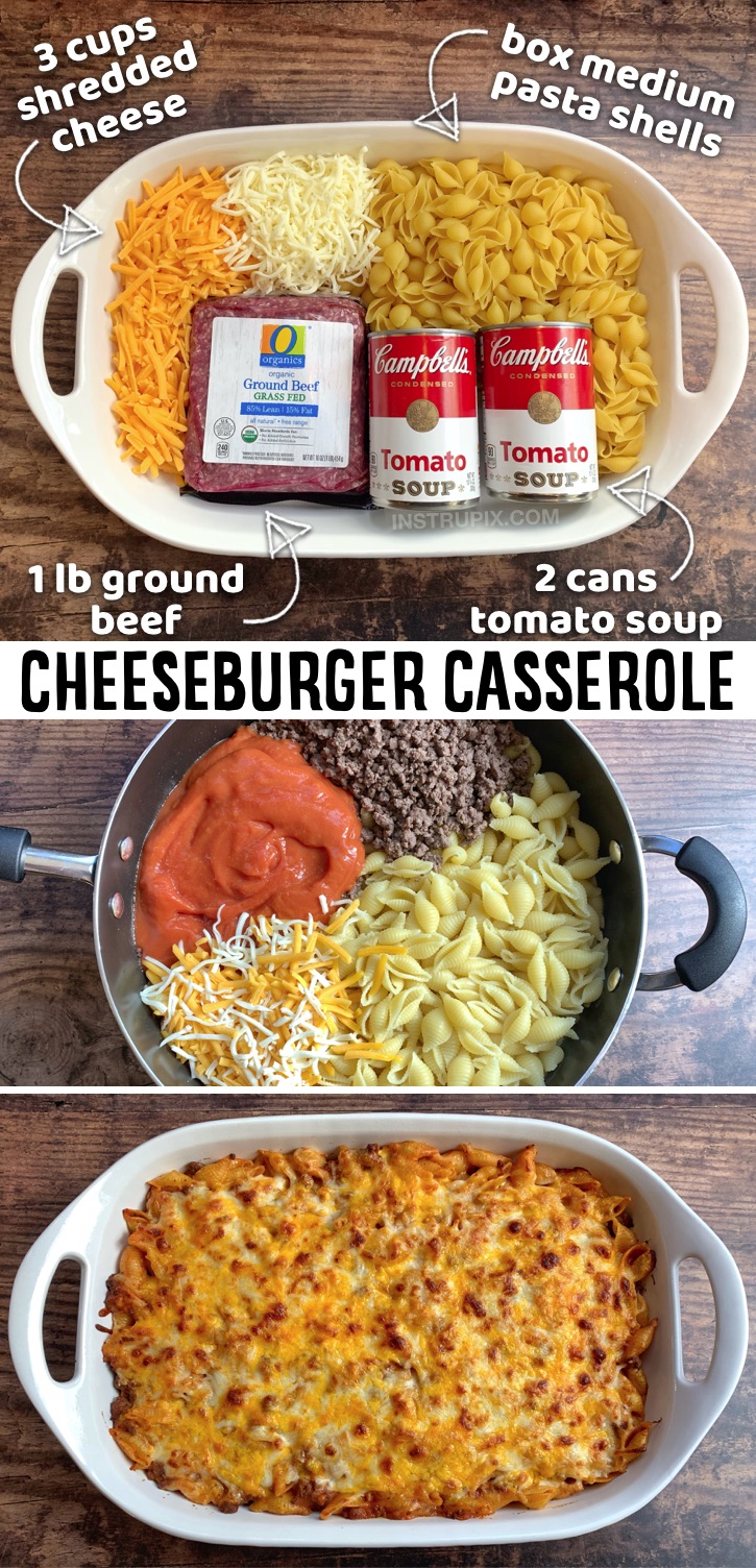 Calling all busy moms and dads! Do you have picky eaters? Your kids are going to love this cheeseburger casserole! It's made with just a few cheap ingredients: ground beef, tomato soup, cheese and pasta. My family devours it! It feeds a large family of 8, but is just as good for dinner the next day, so you can get 2 meals out of it. It's super budget friendly and delicious. Serve with a salad or side of veggies if you'd like. Great for last minute dinner ideas or busy weeknights. 