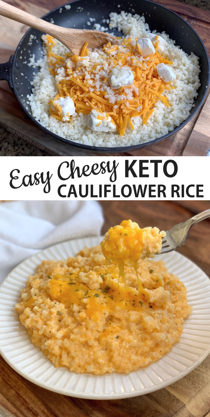 A quick and easy keto & low carb side dish recipe! This simple cheesy cauliflower rice is THE BEST! It's basically a healthy comfort food, plus it's low carb, keto friendly and awesome. The entire family will love it. Even the kids! Serve it with chicken, beef, steak, pork, bbq, fish or any other meal. #instrupix #keto #lowcarb #cauliflowerrice 