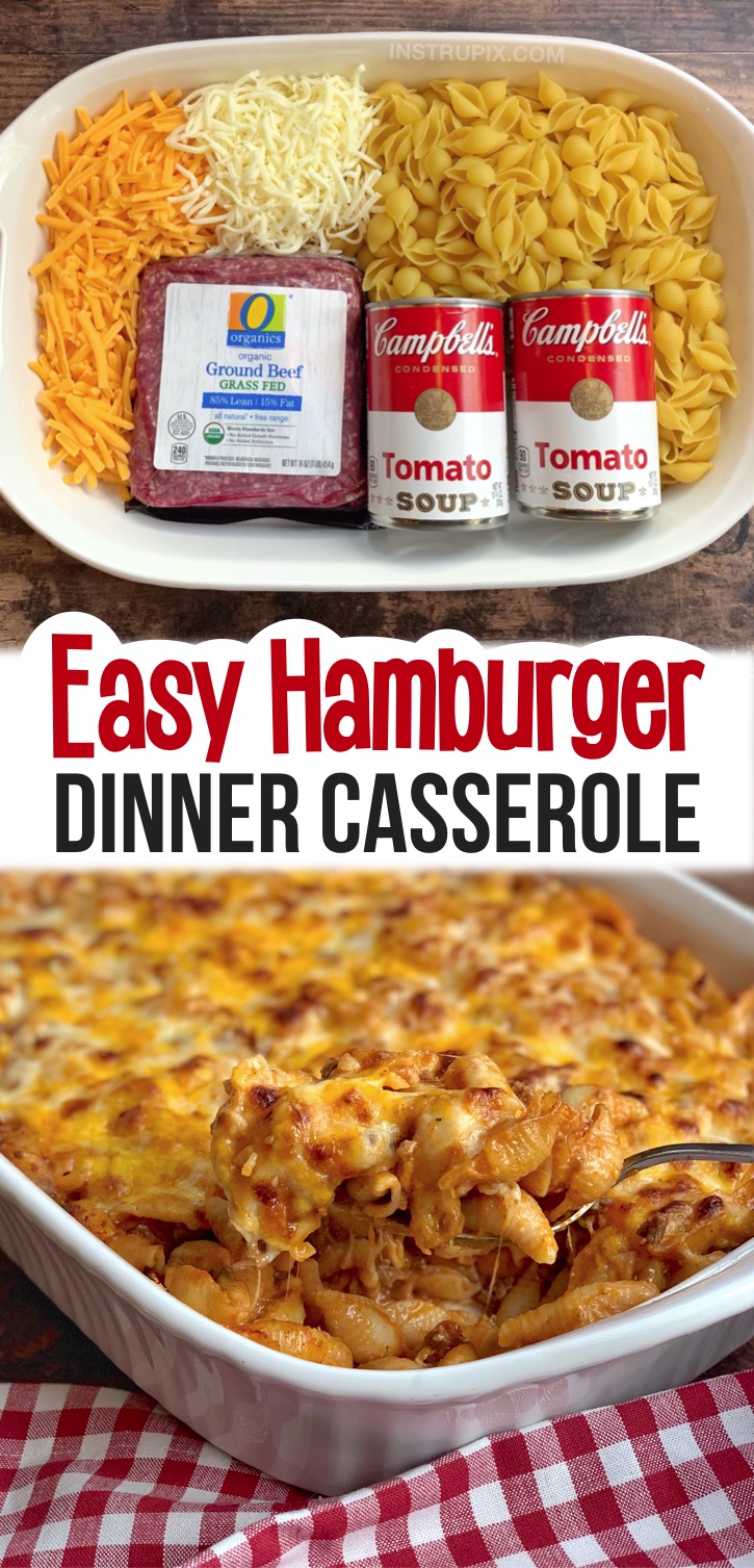 Looking for quick and easy family dinner recipes with kids? Even your picky eaters will beg for seconds! This cheap and simple meal is made with just a few ingredients: ground beef, tomato soup, pasta and cheese. Kids and teens of all ages will approve of this easy casserole recipe. It's perfect for busy weeknight meals when you're too tired and busy to cook. Just as good leftover for lunch or dinner the next day. A really easy dinner recipe made with ground beef. Husband approved, too! 