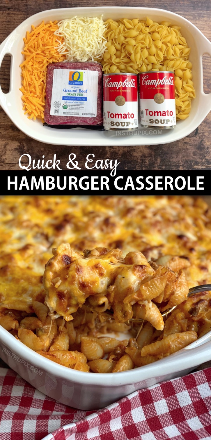 Looking for easy dinner recipes for the family? This simple hamburger casserole is made with just 4 ingredients: ground beef, tomato soup, pasta shells and cheese! It's perfect for busy weeknights, picky eaters and large families. I'm always looking for easy budget friendly casserole recipes for dinner, and this easy meal is very family pleasing! Kids and husbands love it. #instrupix #casseroles #dinnerrecipes 