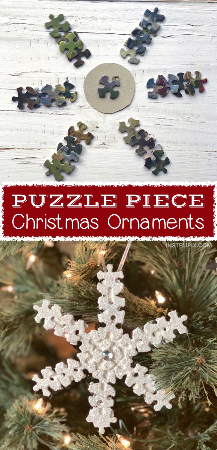 Easy DIY Puzzle Piece Snowflake Ornament Tutorial - plus other fun DIY puzzle piece projects for kids, teenagers and adults. These simple crafts are awesome for wall art, room decor, gifts and more. Fun and creative craft ideas to try! #instrupix #craftideas #christmas