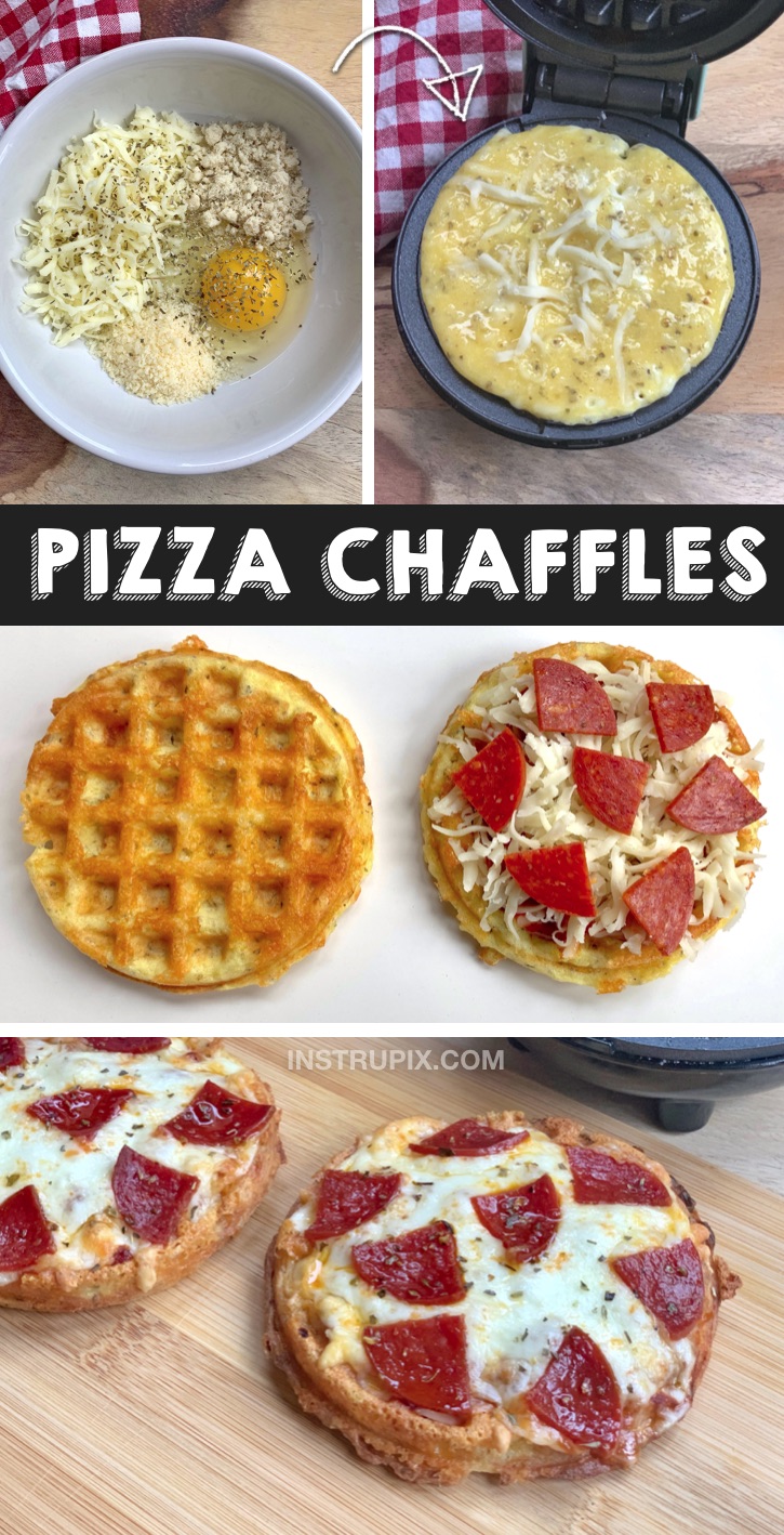 Looking for easy keto recipes for beginners? These pizza keto chaffles are so simple to make in your mini waffle maker. Very filling-- perfect for lunch or dinner! This easy keto meal is made with simple ingredients that you probably already have on hand including almond flour, egg and cheese. Even non keto diet people will love this savory recipe! It's low carb but very yummy. Even my kids love it! A quick and easy low carb dinner recipe for diabetics and weight loss. #keto #chaffles #instrupix