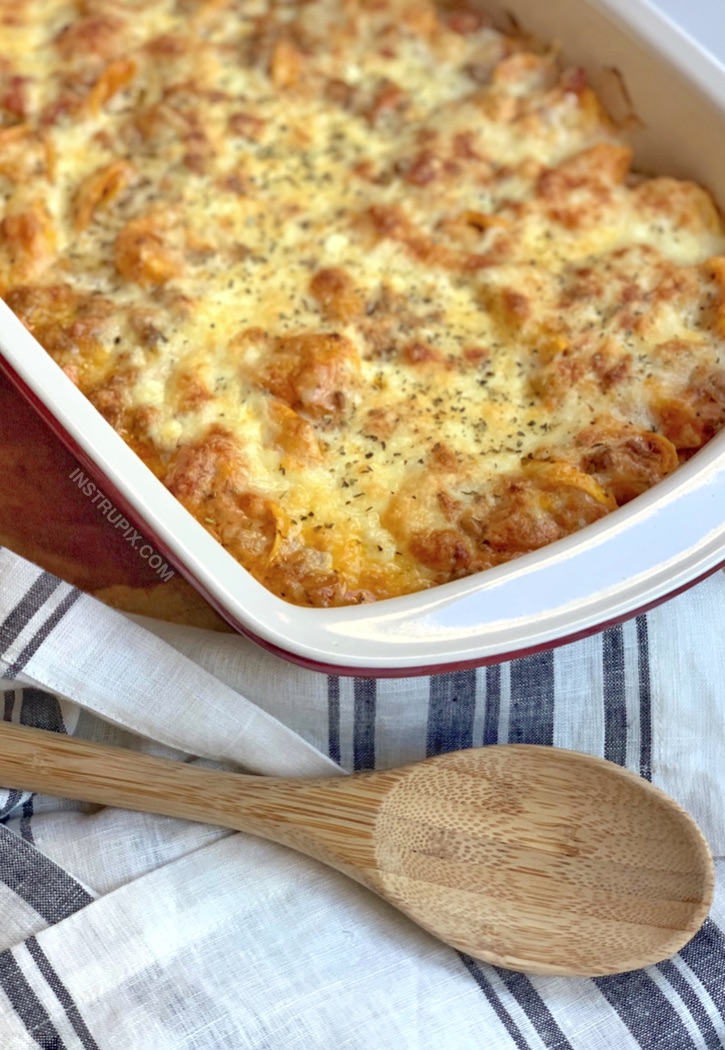 Easy dinner recipe made with ground beef! Cheesy Baked Tortellini. 