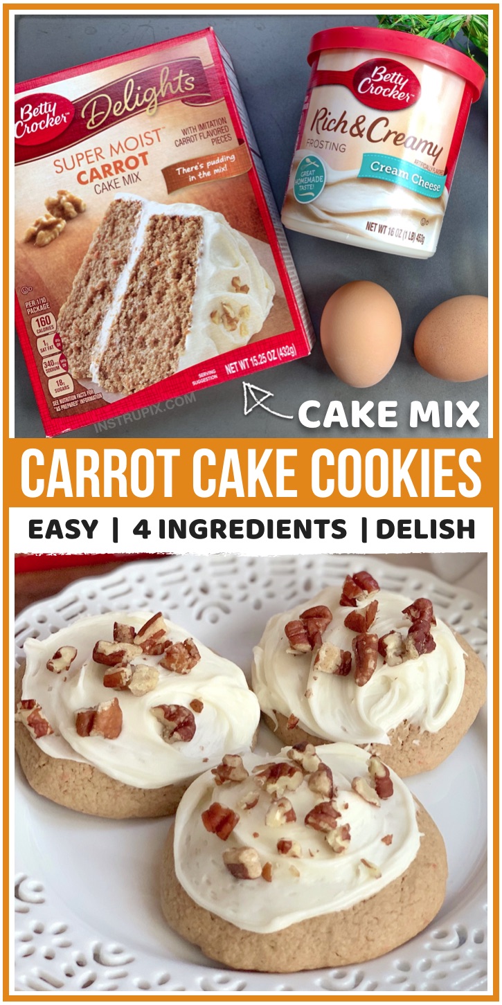 Looking for fun and unique cookie Ideas? These carrot cake mix cookies are made with just 3 ingredients plus store-bought cream cheese frosting. They are insanely good!! Perfect for Spring, Easter, parties and more. Top with pecans or walnuts for the finishing touch. If you like carrot cake, then you are going to love this easy dessert idea. It's much easier to serve at a party than traditional carrot cake. Kids and adults will love this sweet treat! #easter #carrotcake #cakemix #cookies