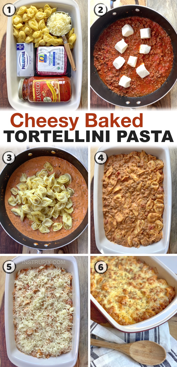 Cheesy Baked Tortellini Casserole With Meat Sauce - A quick & easy casserole recipe the entire family will love! If you’re looking for cheap and easy dinner recipes for your family, this baked tortellini casserole is THE BEST simple weeknight meal for picky eaters! My kids and husband always go back for seconds. This simple ground beef and pasta dinner recipe is perfect for busy moms and dads, especially on hectic weeknights when that’s all you want to do is eat and relax, and it makes enough for a large family or to have leftovers!