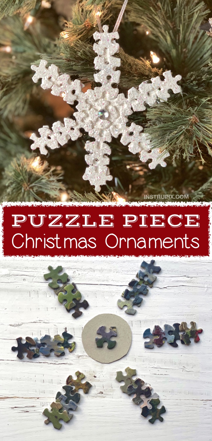 How To Make an Easy DIY Puzzle Piece Snowflake Ornament - plus other fun DIY puzzle piece craft ideas for kids, teenagers and adults. These simple projects are awesome for wall art, room decor, gifts and more. Fun and creative craft ideas to make! #instrupix #craftideas #christmas